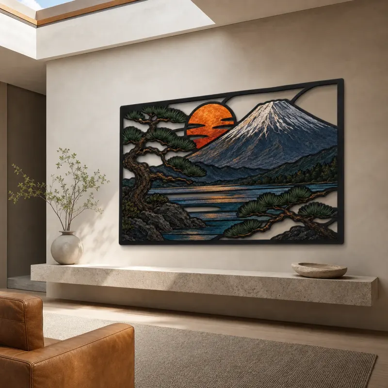 Mount Fuji with Pine Tree and Copper Sunset Colorful Metal Wall Art