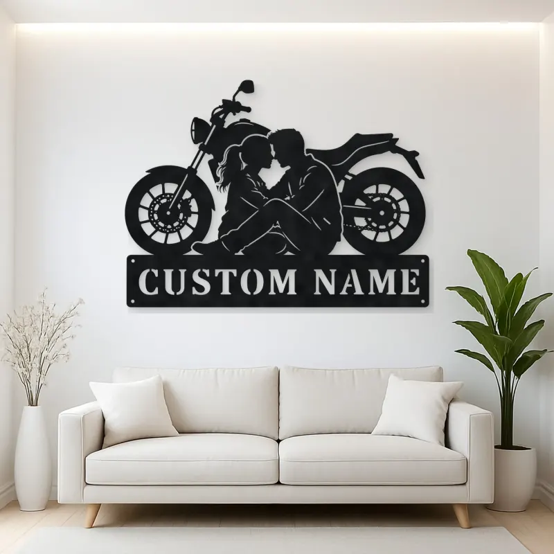 Personalized Seated Couple and Motorcycle Metal Wall Art