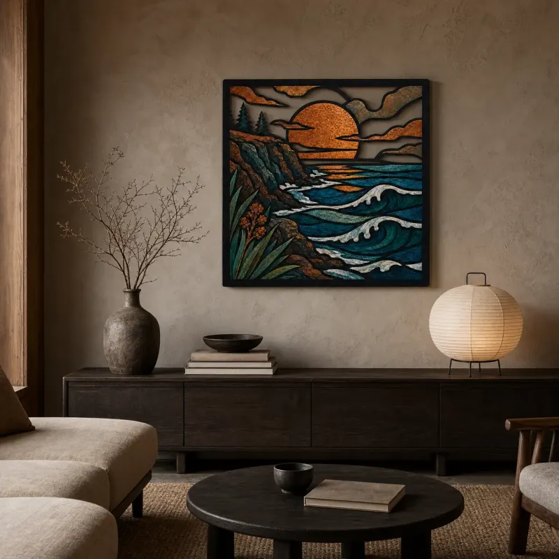 Mid Century Coastal Cliffs with Ocean Sunset Colorful Metal Wall Art