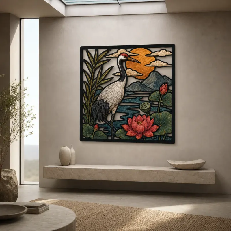 Japanese Crane in Lotus Pond at Sunset Colorful Metal Wall Art