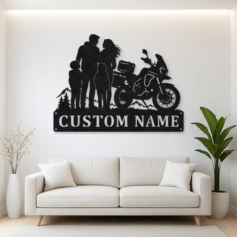 Personalized Adventure Motorcycle Mountain Family Metal Wall Art