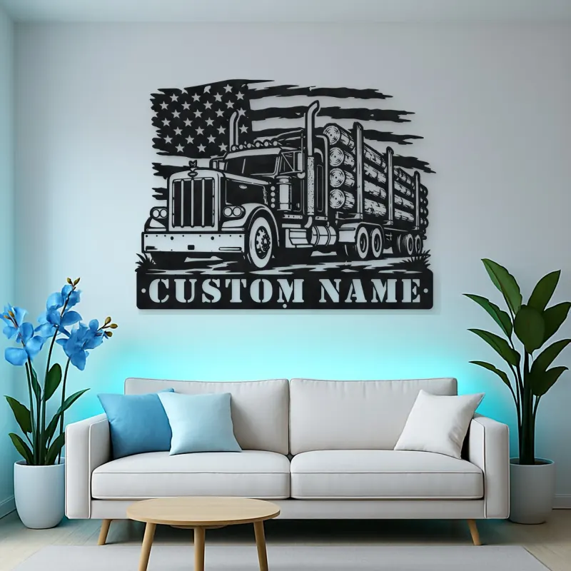 Personalized Logging Semi Truck Metal Wall Art with American Flag