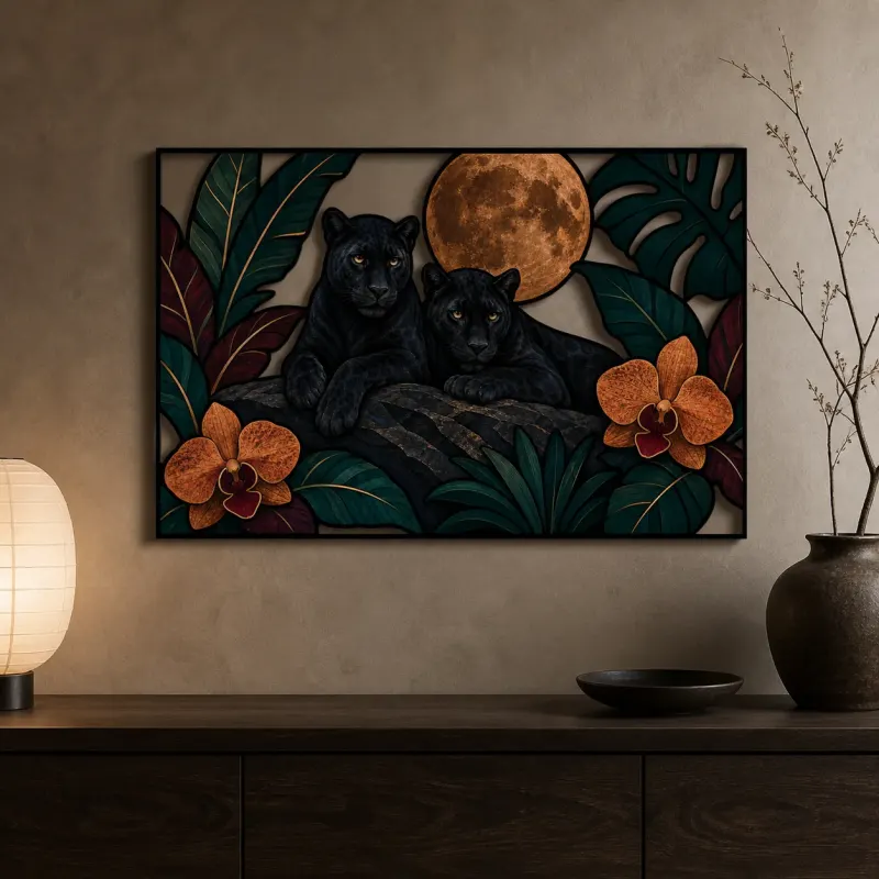 Black Panther Pair with Orchids and Full Moon Colorful Metal Wall Art