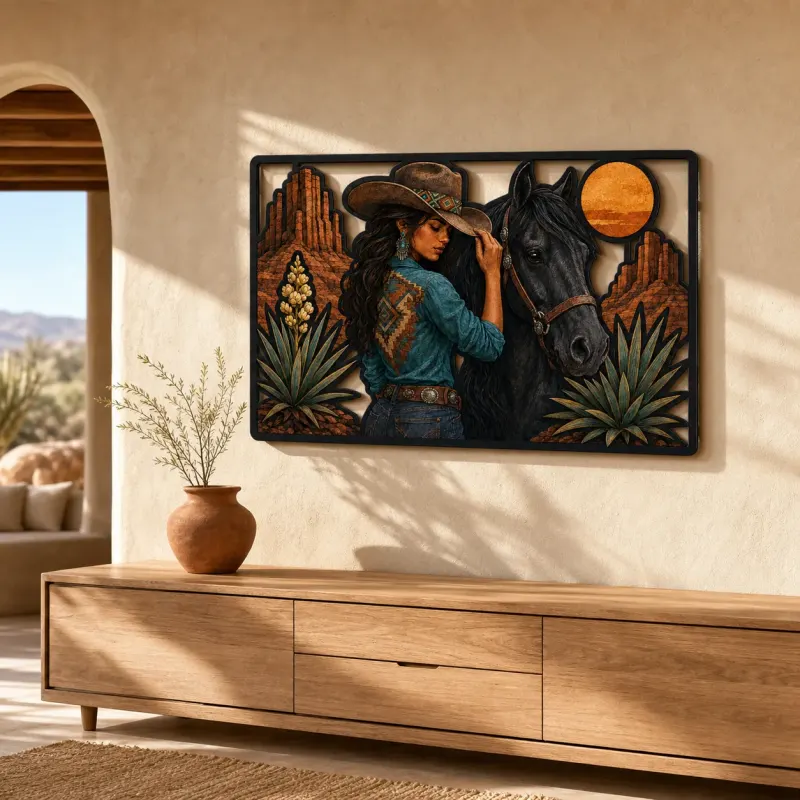 Cowgirl with Black Horse and Desert Moon Colorful Metal Wall Art