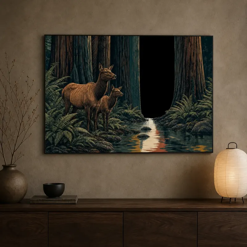 Deer Pair beside Stream in Redwood Forest Colorful Metal Wall Art