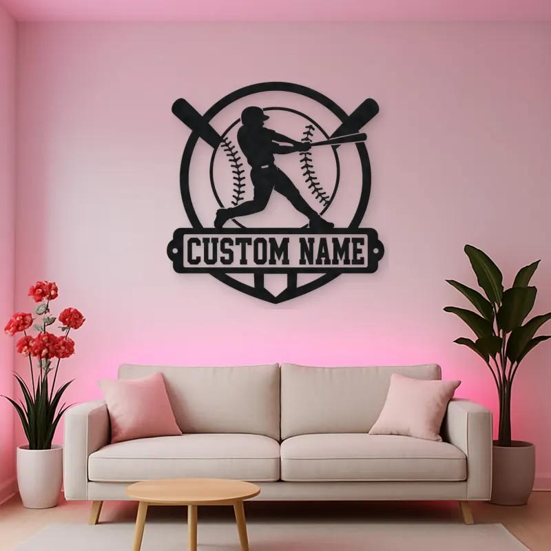 Personalized Baseball Batter Crossed Bats Metal Wall Art