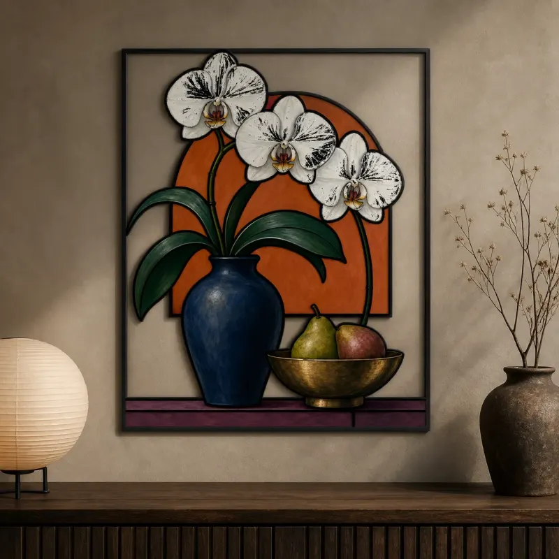 White Orchids in Blue Vase with Fruit Colorful Metal Wall Art