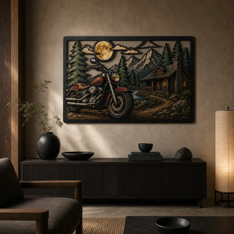 Cruiser Motorcycle outside Rustic Mountain Cabin Colorful Metal Wall Art