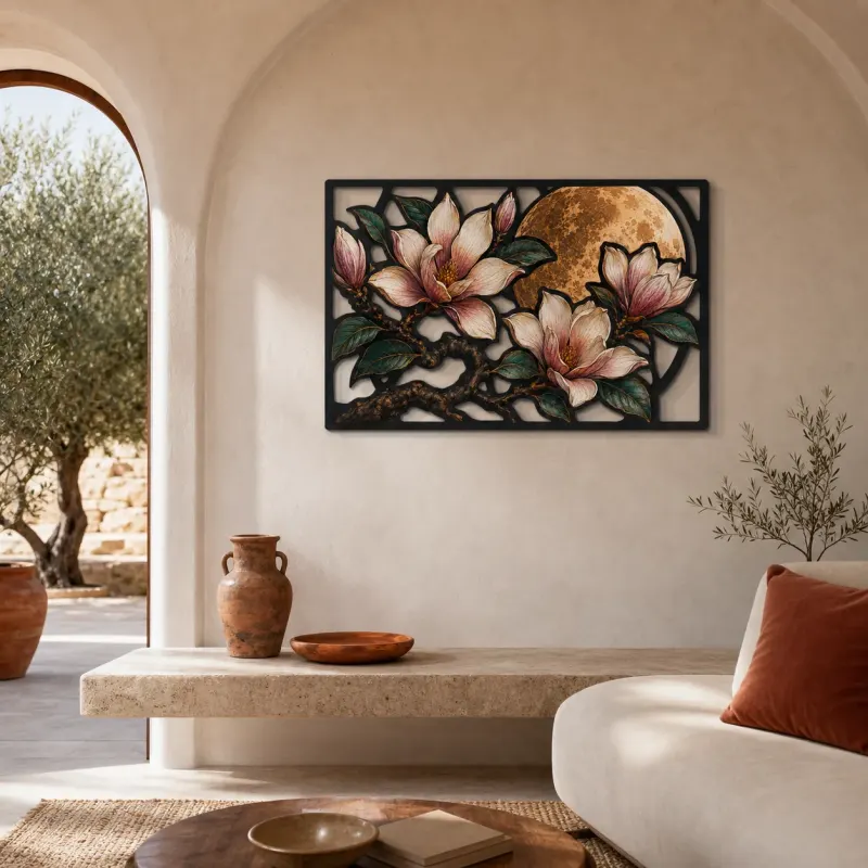 Magnolia Branch with Blossoms and Full Moon Colorful Metal Wall Art
