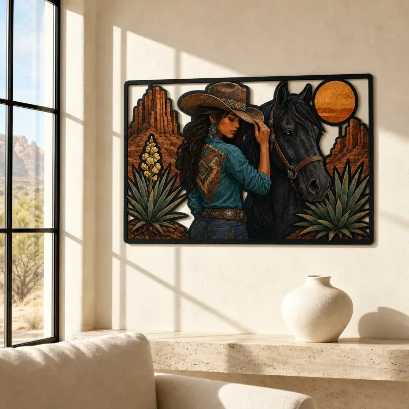 Cowgirl with Black Horse and Desert Moon Colorful Metal Wall Art