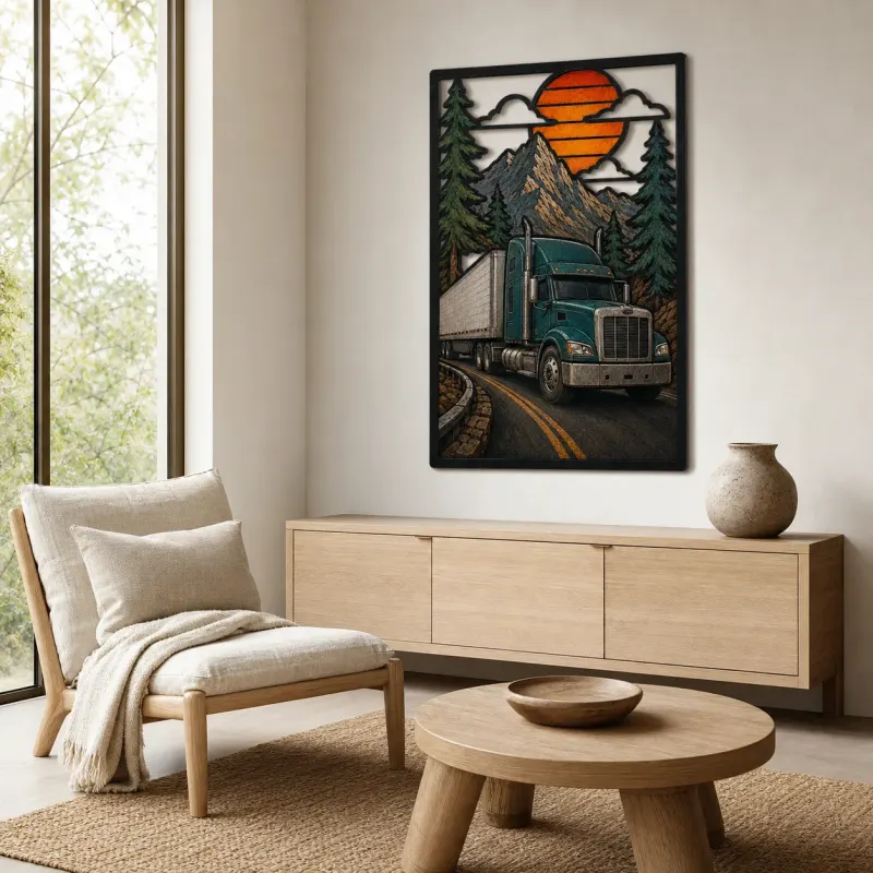 Green Semi Truck on Mountain Highway Colorful Metal Wall Art