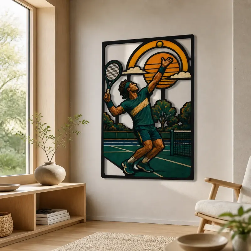 Tennis Player Serving on Outdoor Court Colorful Metal Wall Art