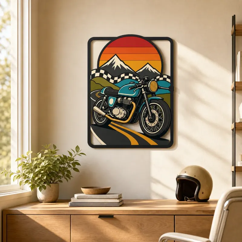 Vintage Motorcycle on Mountain Road at Sunset Colorful Metal Wall Art