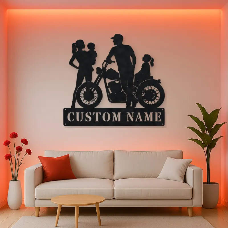Personalized Motorcycle Family with Seated Daughter Metal Wall Art