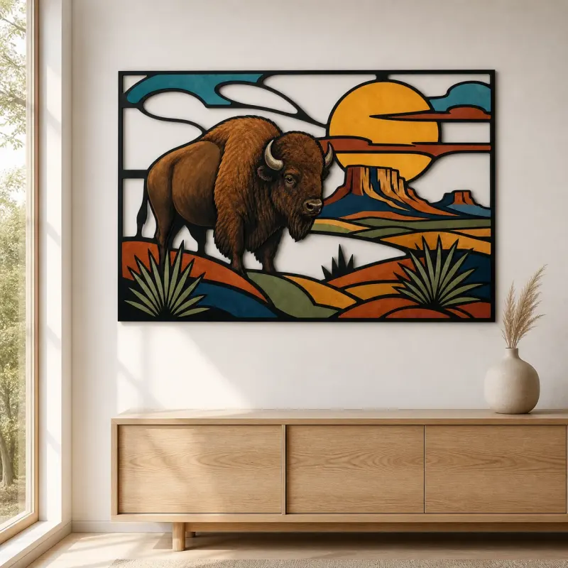 Bison in Southwest Desert beneath Copper Sun Colorful Metal Wall Art
