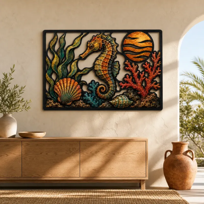 Seahorse with Shells Coral and Ocean Sunset Colorful Metal Wall Art