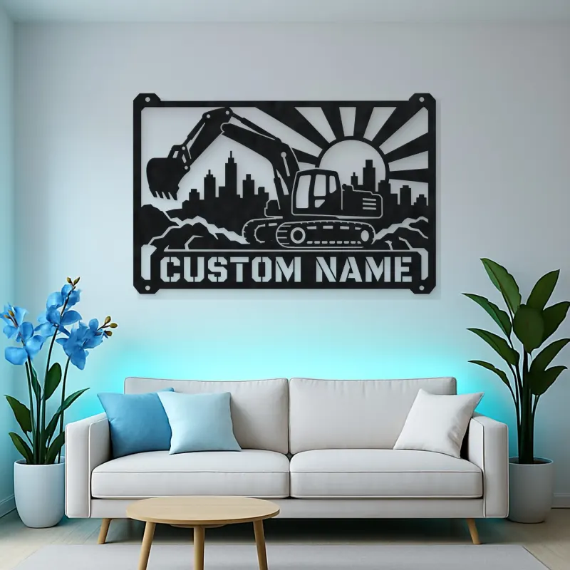 Personalized Excavator Metal Wall Art with Construction Skyline
