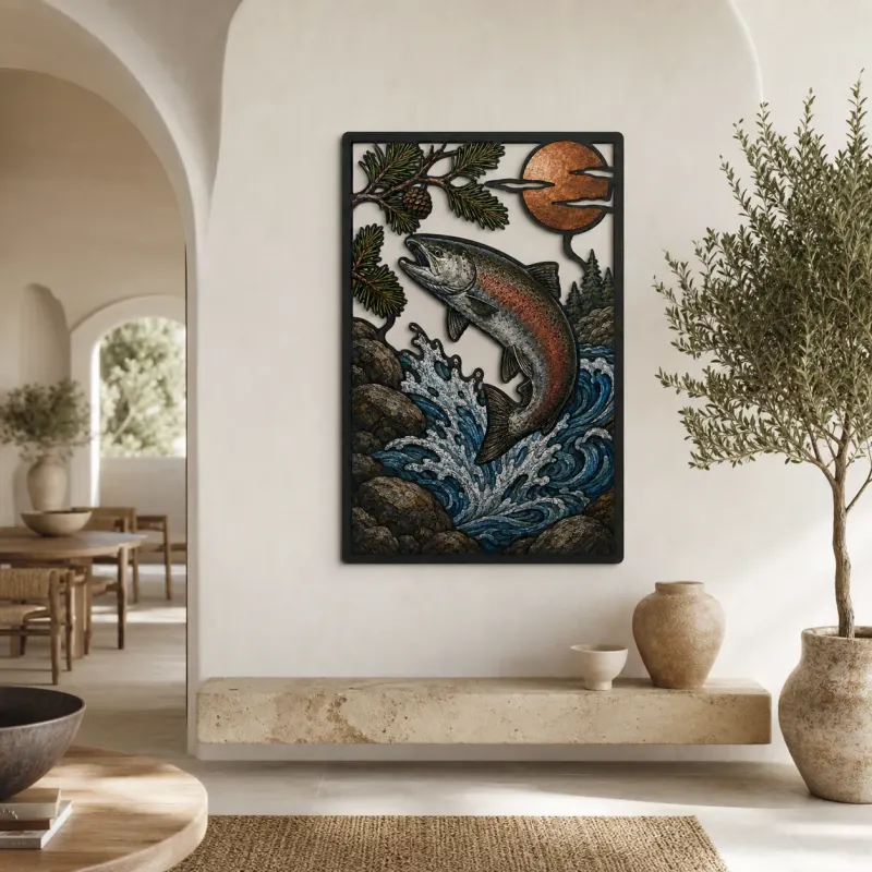 Salmon Leaping through Mountain River Rapids Colorful Metal Wall Art