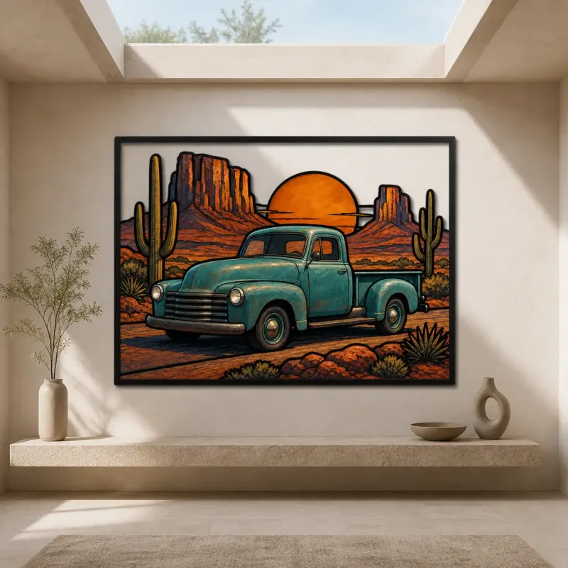 Vintage Pickup Truck on Desert Road at Sunset Colorful Metal Wall Art