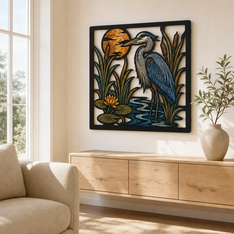Great Blue Heron in Cattails at Full Moon Colorful Metal Wall Art
