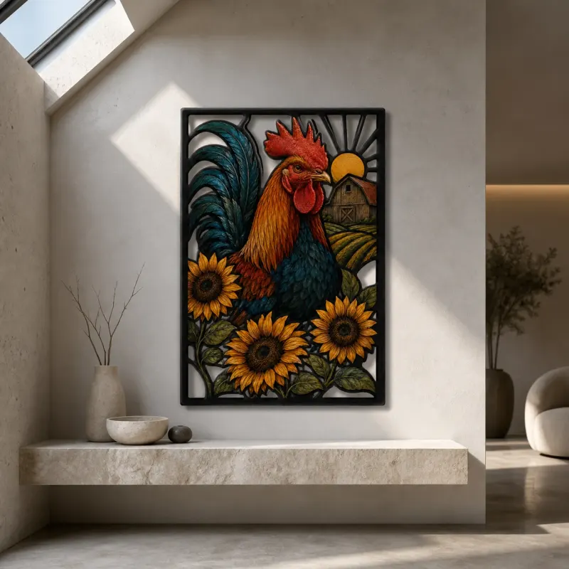 Colorful Rooster with Sunflowers by Rustic Barn Metal Wall Art