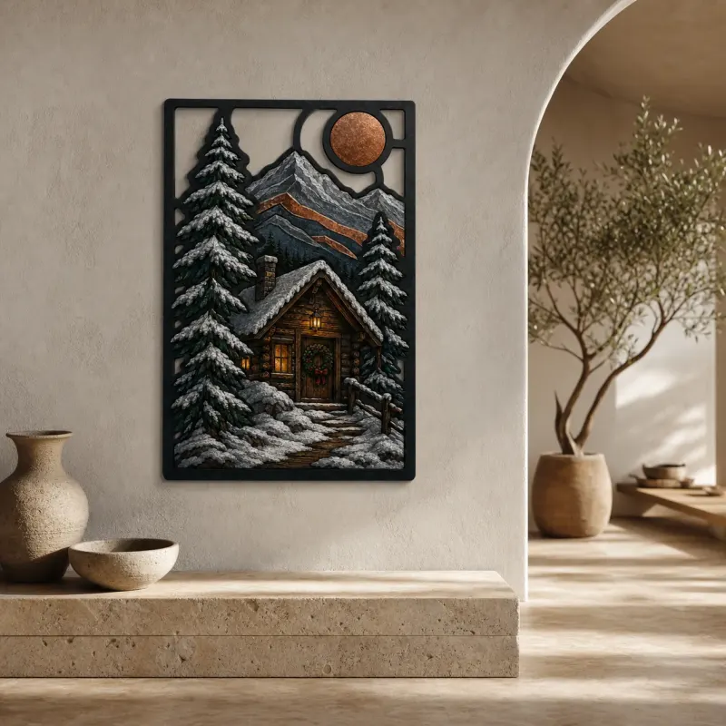 Snowy Winter Cabin in Mountains beneath Full Moon Colorful Metal Wall Art