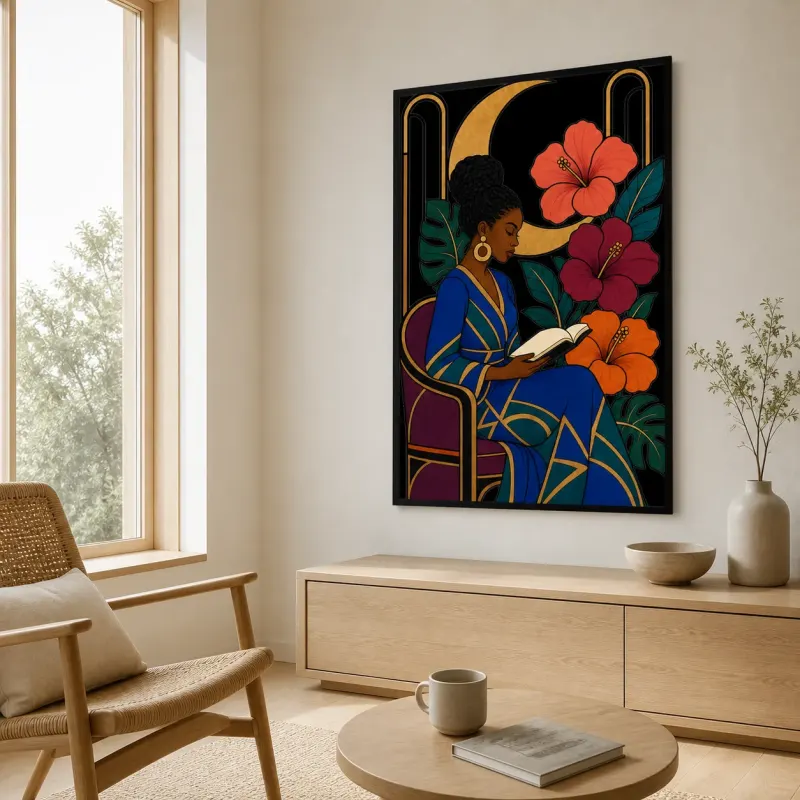 Black Woman Reading among Hibiscus and Moon Colorful Metal Wall Art