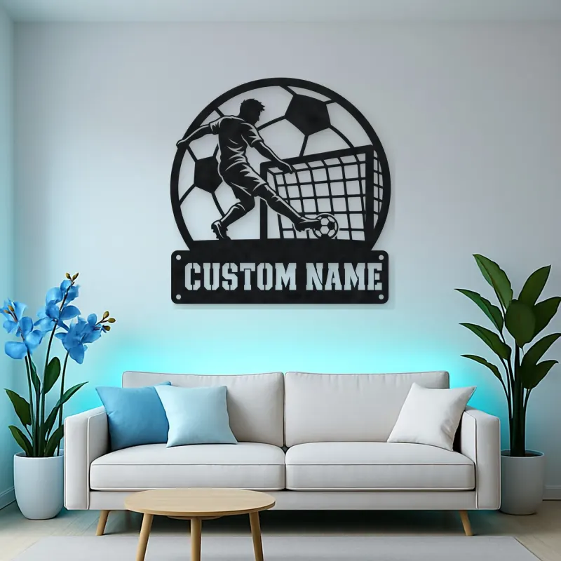 Personalized Soccer Player Metal Wall Art with Goal Scene