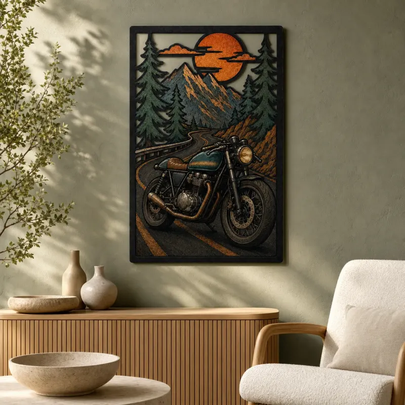 Classic Motorcycle on Winding Mountain Road Colorful Metal Wall Art