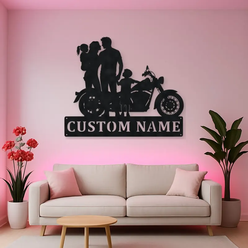 Personalized Classic Motorcycle Family with Toddler Metal Wall Art