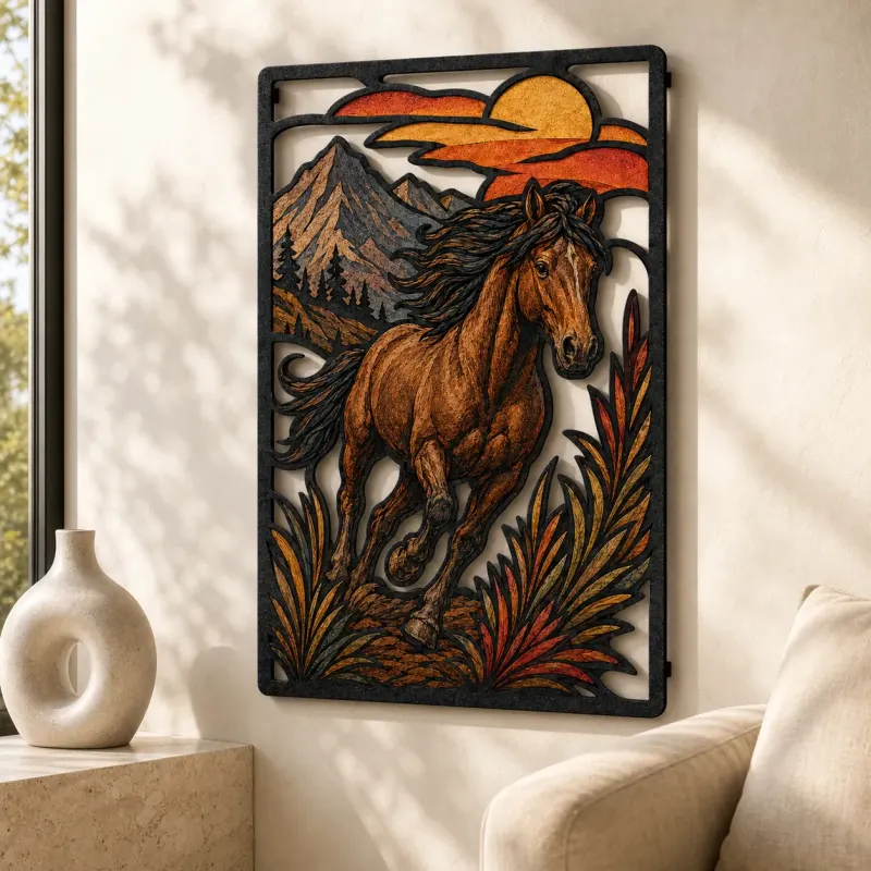 Running Bay Horse with Mountain Sunset Colorful Metal Wall Art