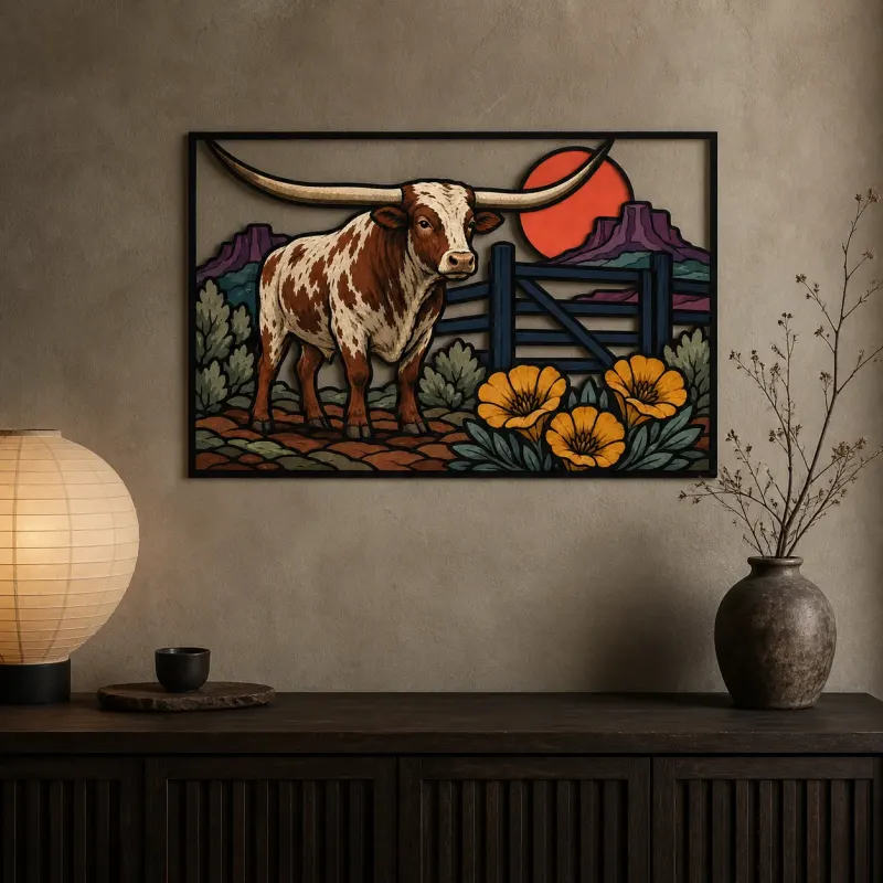 Texas Longhorn with Desert Poppies and Red Sun Colorful Metal Wall Art