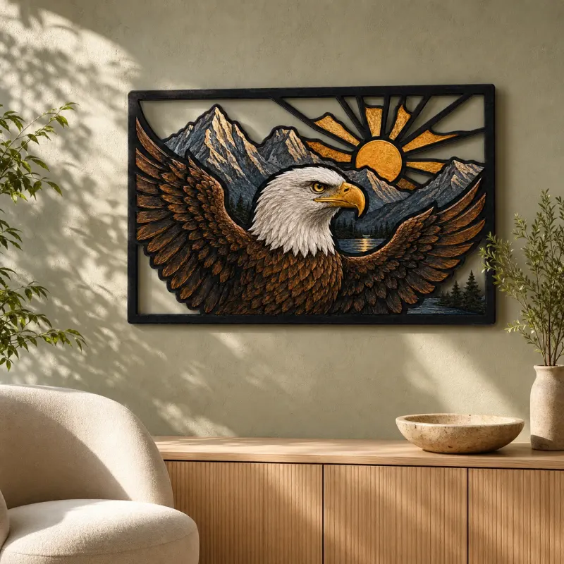 Bald Eagle Flying over Mountains at Sunrise Colorful Metal Wall Art