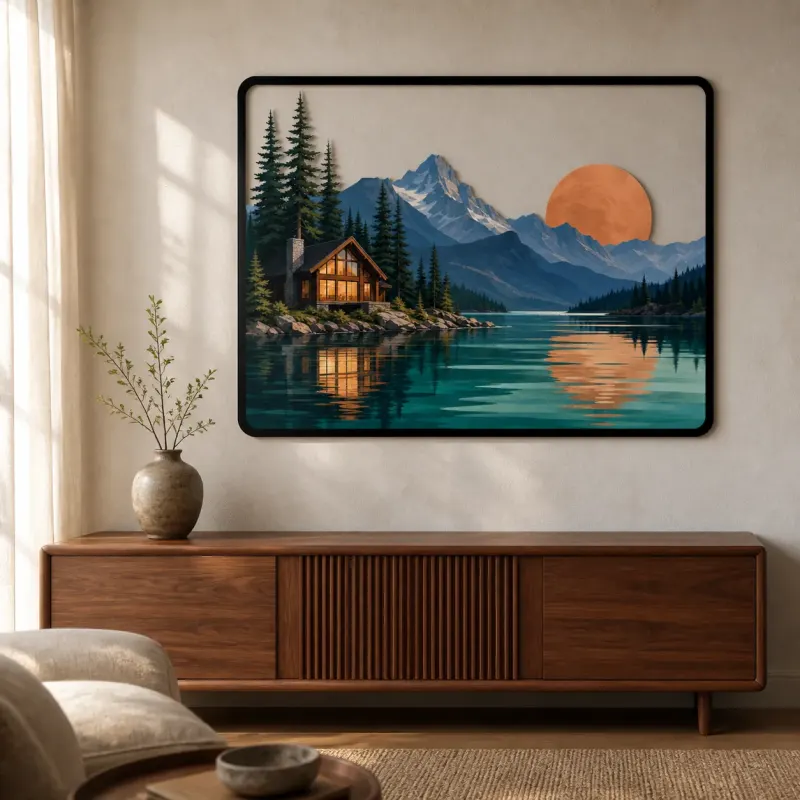 Bergsee-Hütte unter Kupfer-Sonnenuntergang Farbige Metall-Wandkunst