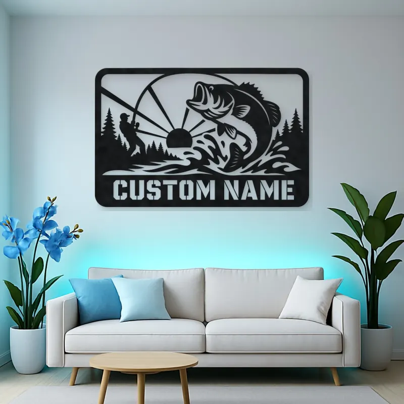 Personalized Bass Fishing Metal Wall Art with Fisherman