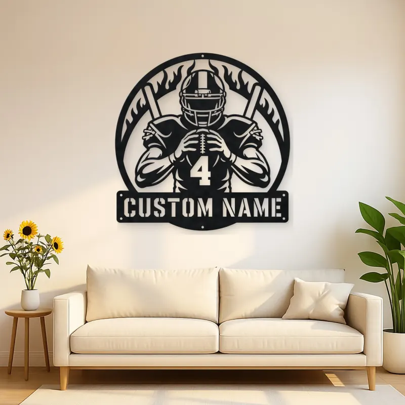 Personalized Number 4 Football Player Flame Metal Wall Art