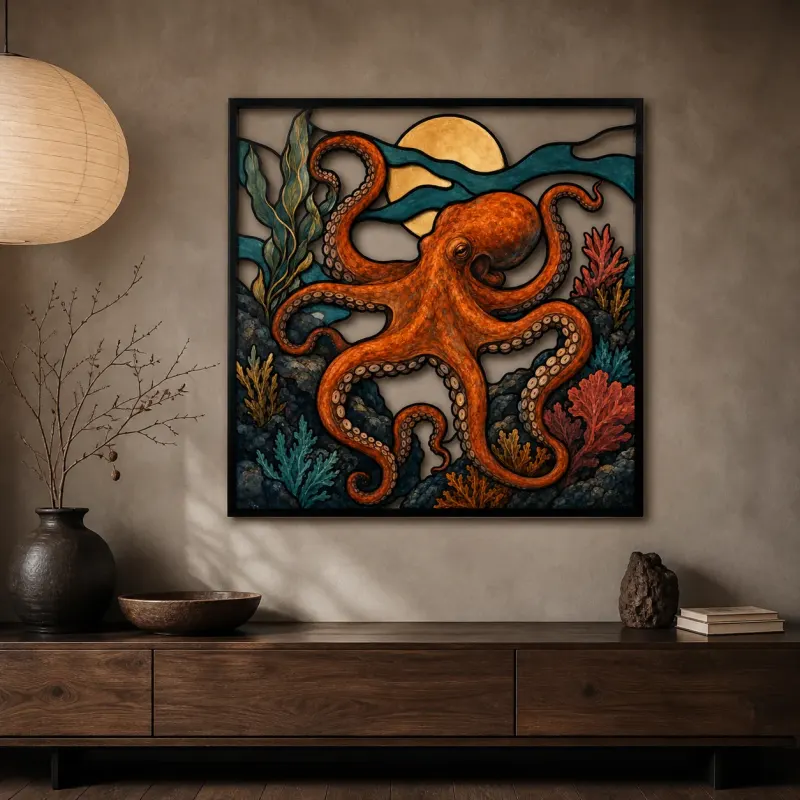 Orange Octopus with Coral beneath Copper Moon Colorful Metal Wall Art