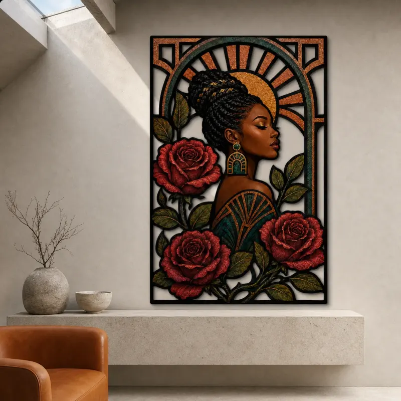 Afro Woman with Red Roses in Art Deco Frame Colorful Metal Wall Decor