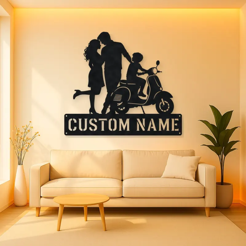 Personalized Scooter Family with Young Rider Metal Wall Art