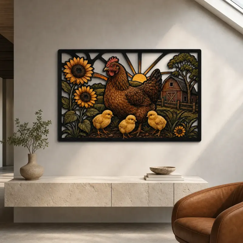 Hen and Chicks with Sunflowers by Barn Colorful Metal Wall Art