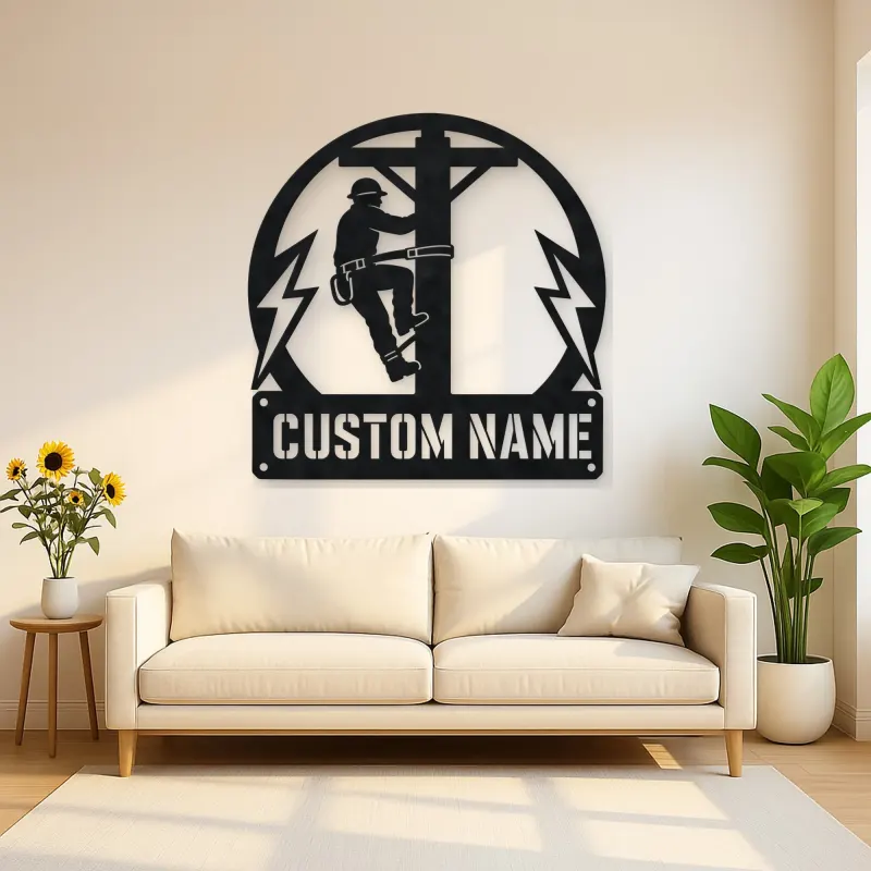 Personalized Electrical Lineman Metal Wall Art with Utility Pole