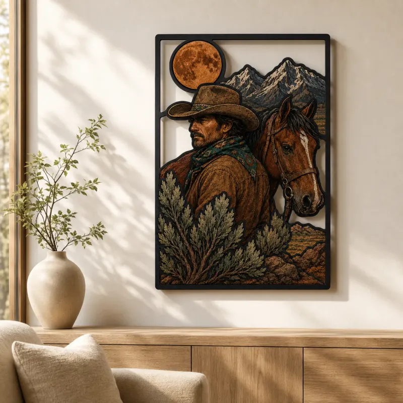 Cowboy with Horse Mountains and Full Moon Colorful Metal Wall Art