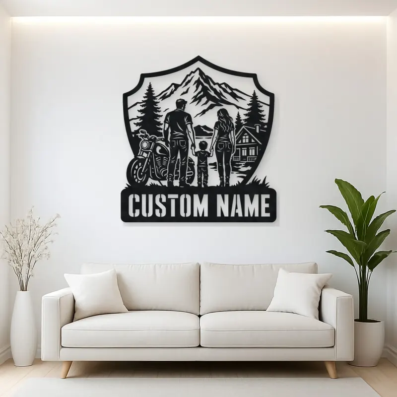 Personalized Family of Three Motorcycle Mountain Cabin Metal Wall Art