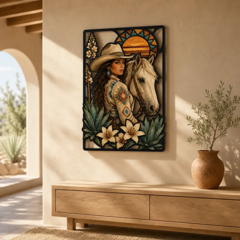 Cowgirl with Palomino Horse and Desert Lilies Colorful Metal Wall Art