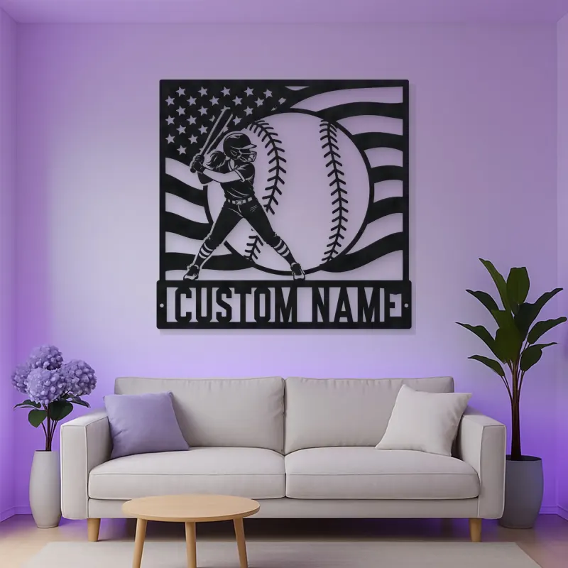 Personalized Softball Player and American Flag Metal Wall Art