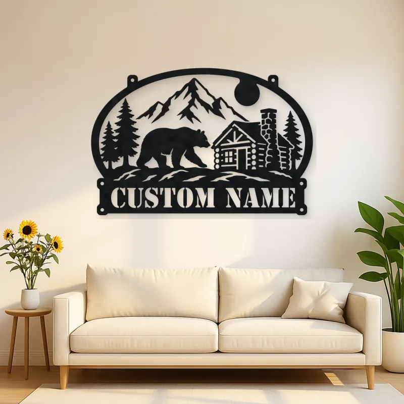Personalized Bear Cabin Metal Wall Art with Mountain Scene