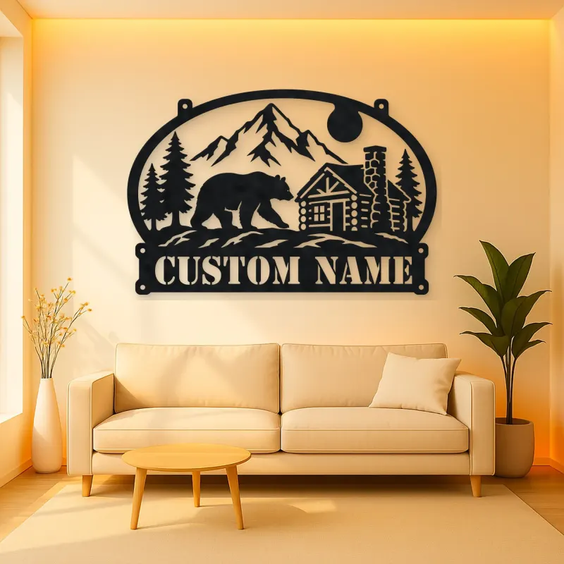 Personalized Bear Cabin Metal Wall Art with Mountain Scene