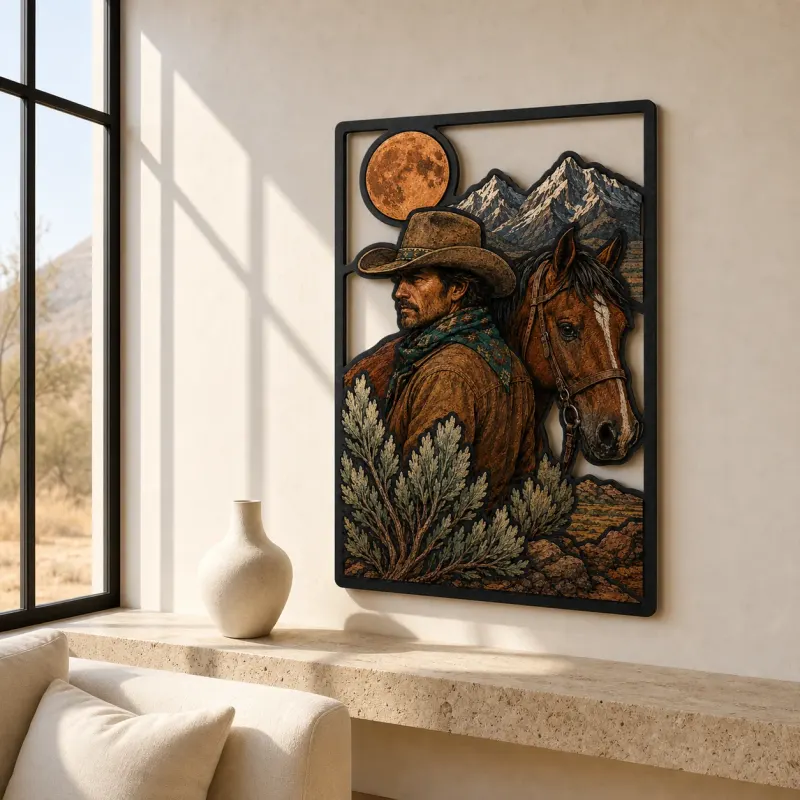 Cowboy with Horse Mountains and Full Moon Colorful Metal Wall Art