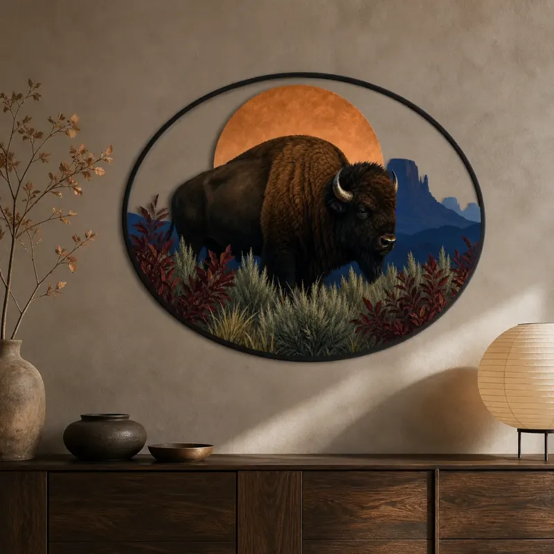Bison in Desert Landscape beneath Copper Sun Colorful Metal Wall Art