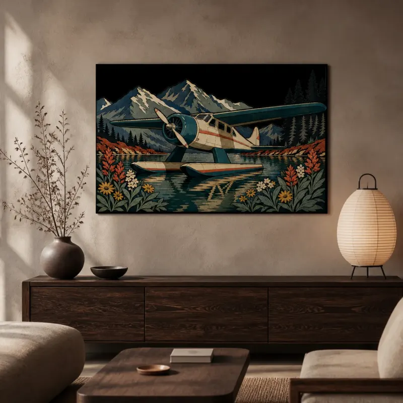 Vintage Seaplane on Mountain Lake Colorful Metal Wall Art